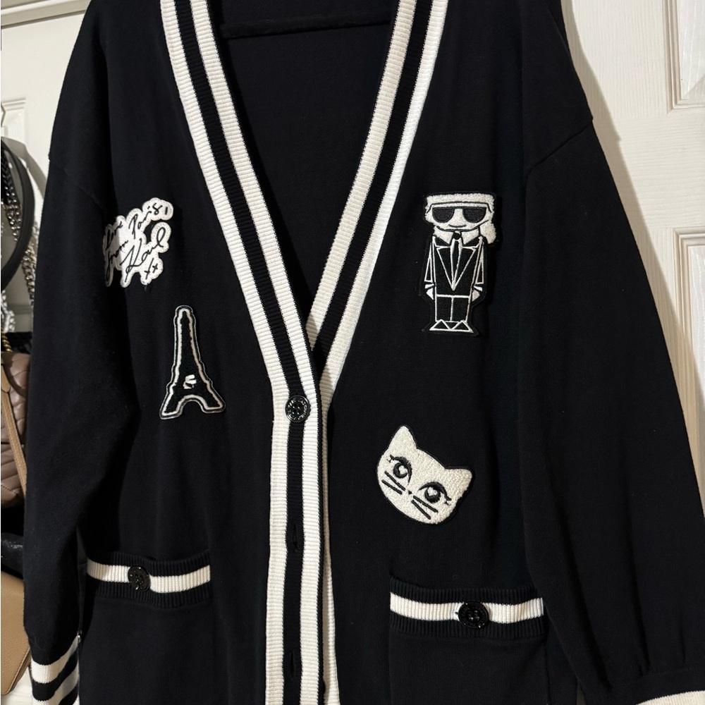 Black Cardigan with White Patches